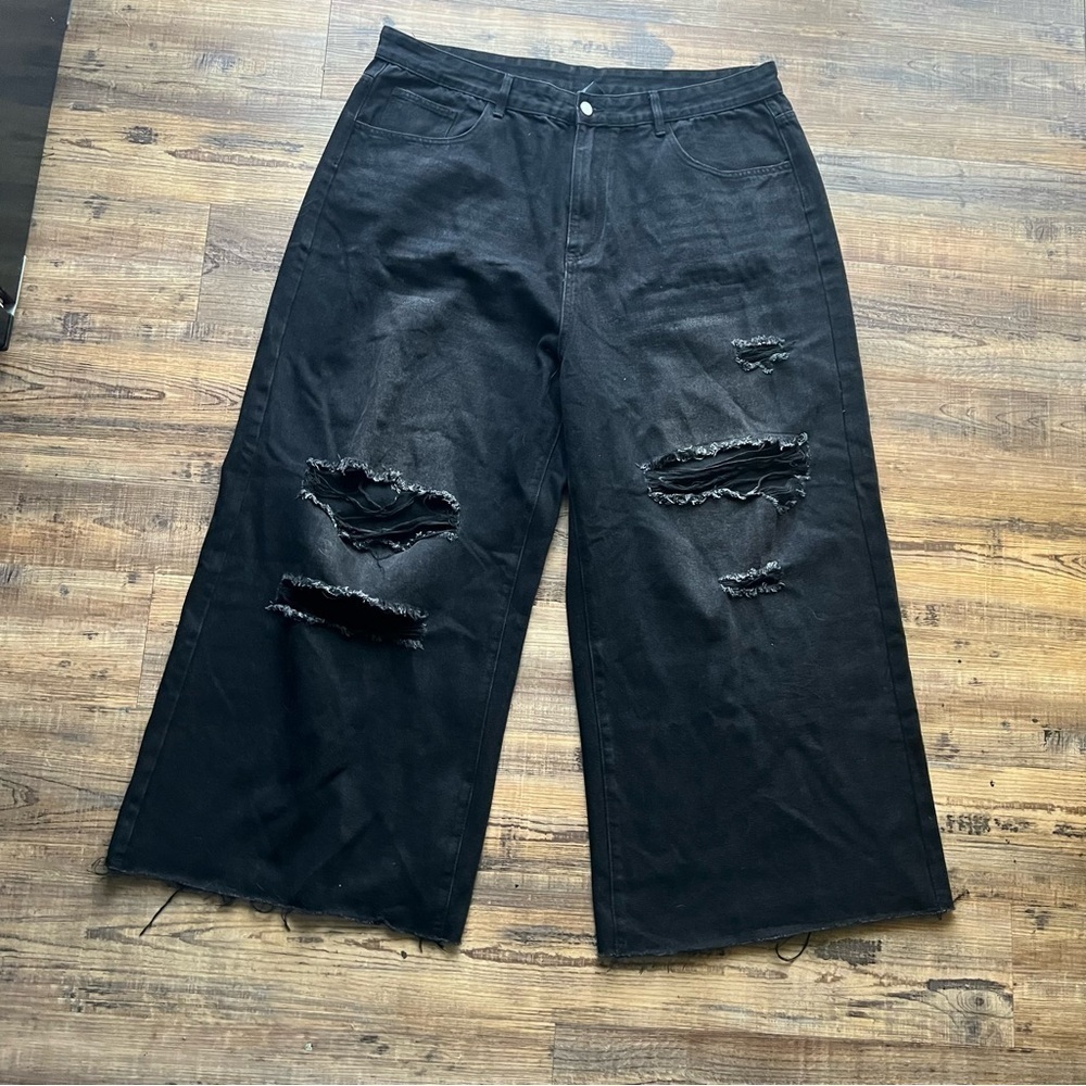 Cider Happy Hour Black Wide Leg Y2K Style Grunge Ripped Distressed Jeans Sz 3XL